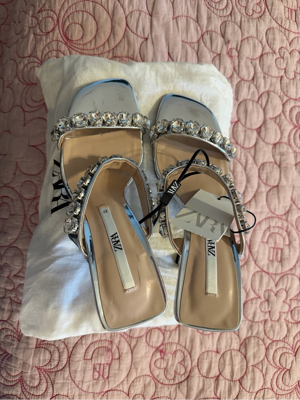 BNWT Zara Silver Embellished Square-Toe Sandals